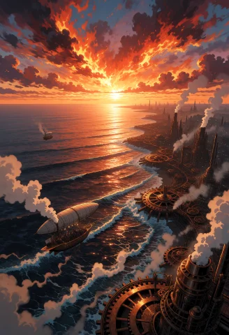Imagine An Epic Panorama Of A Fiery Orange Sunset Dipping Lo... — Stable Diffusion AI Prompt: Imagine an epic panorama of a fiery orange sunset dipping low over the serene an...