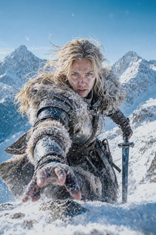A Fierce, Blonde-haired Woman In A Snowy Mountain Landscape....
