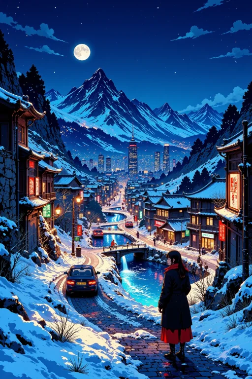 A Frozen City Beautiful Landscape, Bright Luminous Night, Wo...