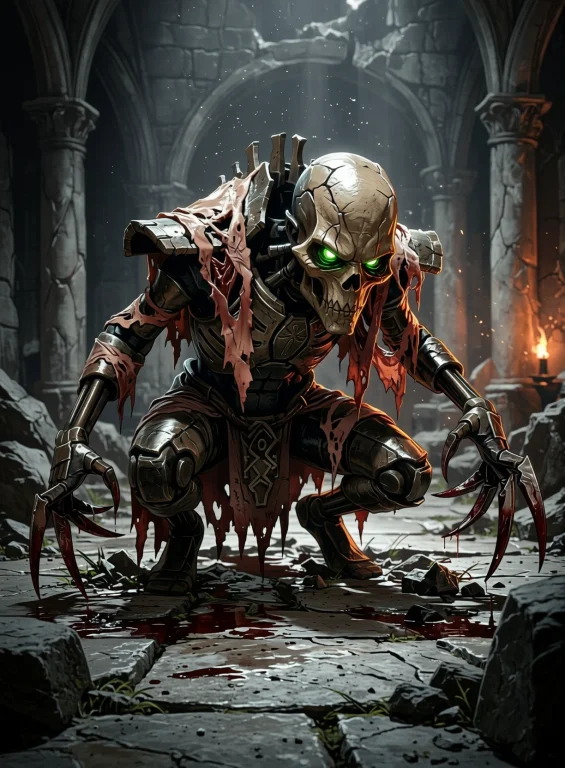 A Necronflayedone Crouches Deeply Over A Cracked Stone Floor...