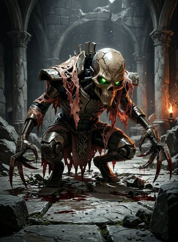 A Necronflayedone Crouches Deeply Over A Cracked Stone Floor... — Stable Diffusion AI Prompt: A necron_flayed_one crouches deeply over a cracked stone floor, knees raised and...