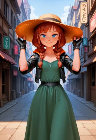 1girl, Anna, Blue Eyes, Freckles, Slender. Two Thick Auburn... — SDXL AI Prompt: 1girl, anna, blue eyes, freckles, slender. two thick auburn braids , wearing gre...