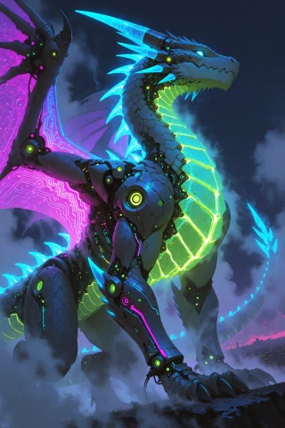 Df5tyle, Colossal Futuristic Dragon With Cybernetic Implants... — Stable Diffusion AI Prompt: df5tyle, colossal futuristic dragon with cybernetic implants, standing in a fogg...