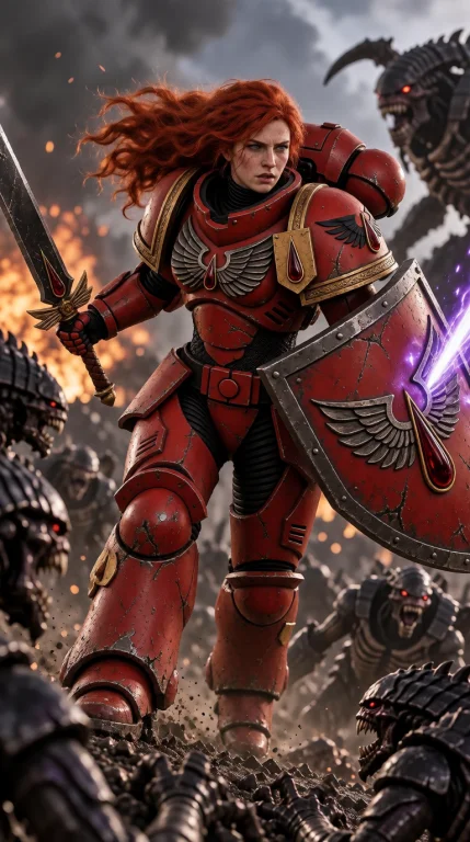 A Fierce Red-haired Warrior Woman In Blo0da40k Armor Wieldin...