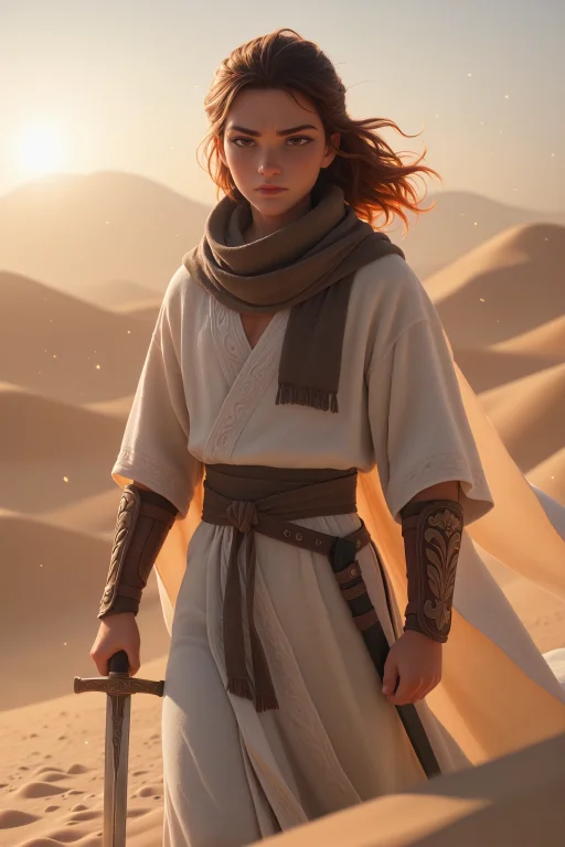 Male Desert Nomad Warrior, Sun-weathered Skin, Layered Wind-...