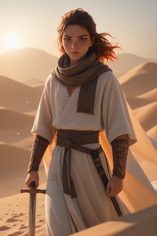 Male Desert Nomad Warrior, Sun-weathered Skin, Layered Wind-... — Stable Diffusion AI Prompt: male desert nomad warrior, sun-weathered skin, layered wind-torn robes billowing...