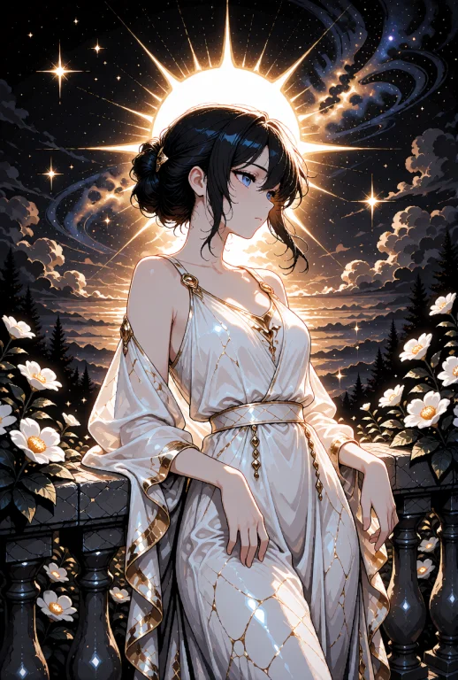 A Young Woman With Dark Hair Styled In A Loose, Elegant Bun...