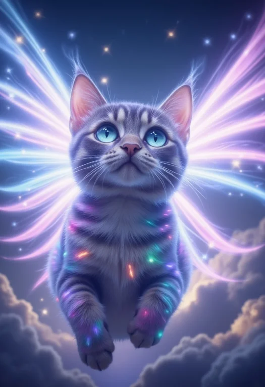 Angelic Cat With Ethereal Wings Flying Through Nimbus Clouds...