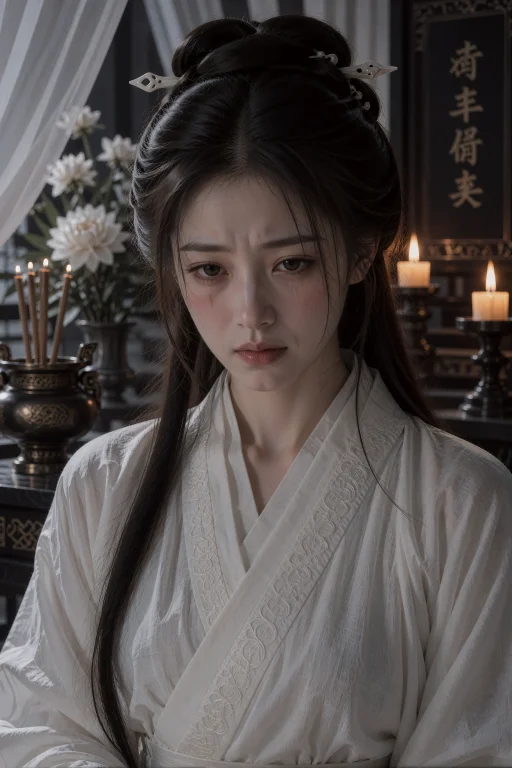 近距离胸部人像,一名年轻中国女子站在昏暗灵堂内,身体正对镜头...