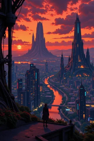A Futuristic Sci-fi Fantastic Cyberpunk City Beautiful Lands... — Stable Diffusion AI Prompt: a futuristic sci-fi fantastic cyberpunk city beautiful landscape, dusk, woman, v...