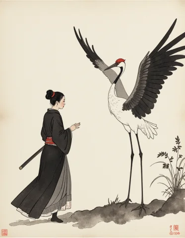 An Elegant Ink-wash Painting In The Traditional Japanese Sum... — FLUX AI Prompt: An elegant ink-wash painting in the traditional Japanese sumi-e style. A woman i...