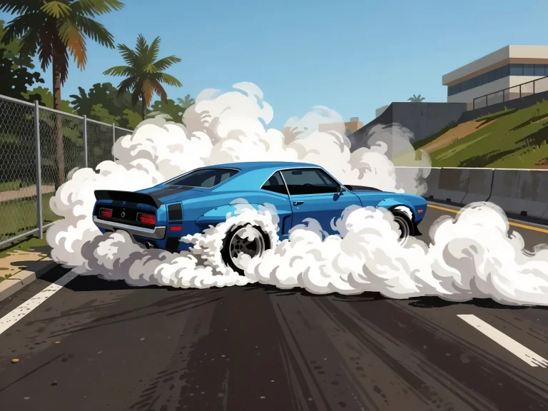 Blue Muscle Car Doing Burnout With Smoke Clouds Palm Trees C...