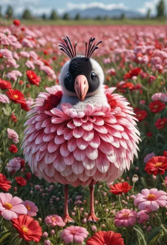 An Adorable Ladybug Flamingo Hybrid Creature With Flower Pet... — SDXL AI Prompt: An adorable ladybug flamingo hybrid creature with flower petal-like feathers in...