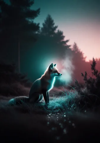 A Fox Sitting In Tall Wet Grass At The Edge Of A Forest With... — Stable Diffusion AI Prompt: a fox sitting in tall wet grass at the edge of a forest with its breath rising i...