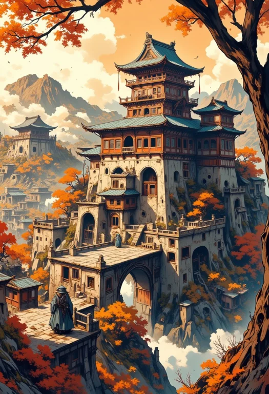 Japanese Medieval Castle On A Hill Overlooking A Medieval Ed...