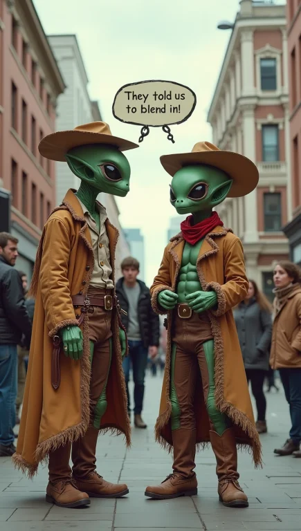 Aliens Dressed As Cowboys In A Modern City Street With A Tho...