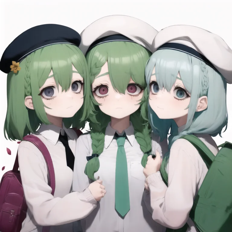 3girls, Bags Under Eyes1.5, Mint Green Hair, Twinbraid, Whit...