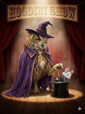 Hoodini And Mouse Disappearance Trick — Stable Diffusion AI Prompt: Hoodini and mouse disappearance trick