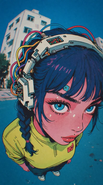 Extreme Overhead Fisheye Perspective Of A Cyberpunk Girl, Ov...