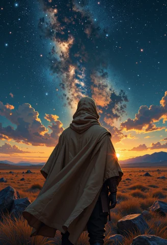 A Greg Rutkowski Inspired Digital Scene A Lone Wanderer, Clo... — FLUX AI Prompt: A Greg Rutkowski inspired digital scene: A lone wanderer, cloaked in coarse, ear...