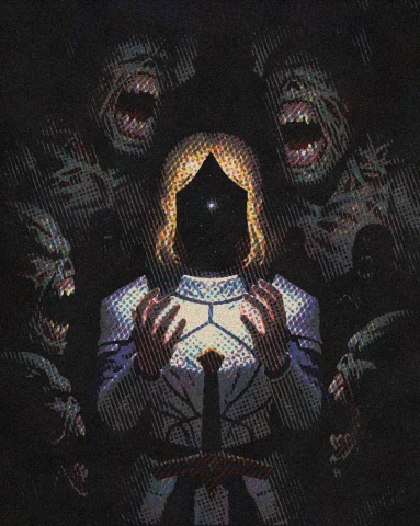 A Blonde Woman In White And Blue Armor Stands Surrounded By... — Stable Diffusion AI Prompt: A blonde woman in white and blue armor stands surrounded by hulking monsters wit...
