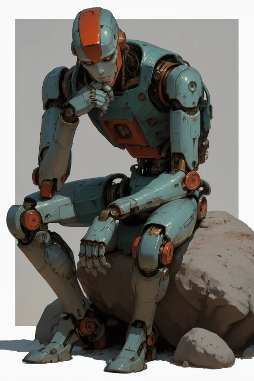 Ani2rel, Robot Sitting On Rock Thinking, Handonownchin, Look...