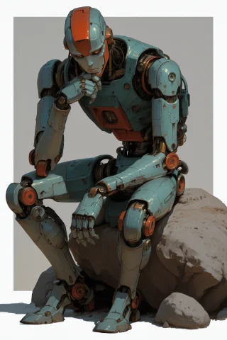 Ani2rel, Robot Sitting On Rock Thinking, Handonownchin, Look... — Stable Diffusion AI Prompt: Ani2rel, robot sitting on rock thinking, hand_on_own_chin, looking_afar, painter...