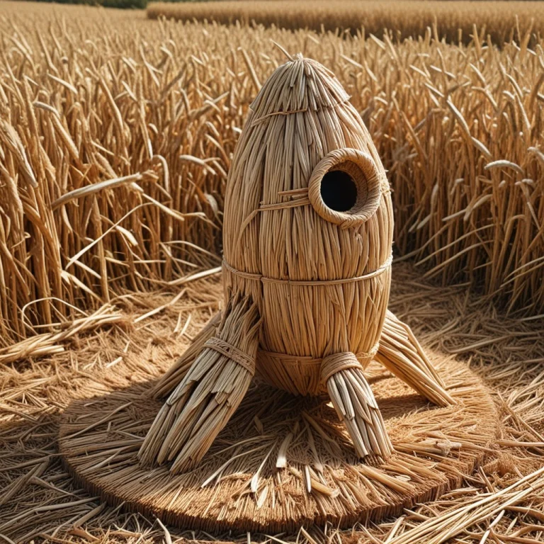 A Retro Rocketship Made Entirely Of Woven Straw Thread And B...