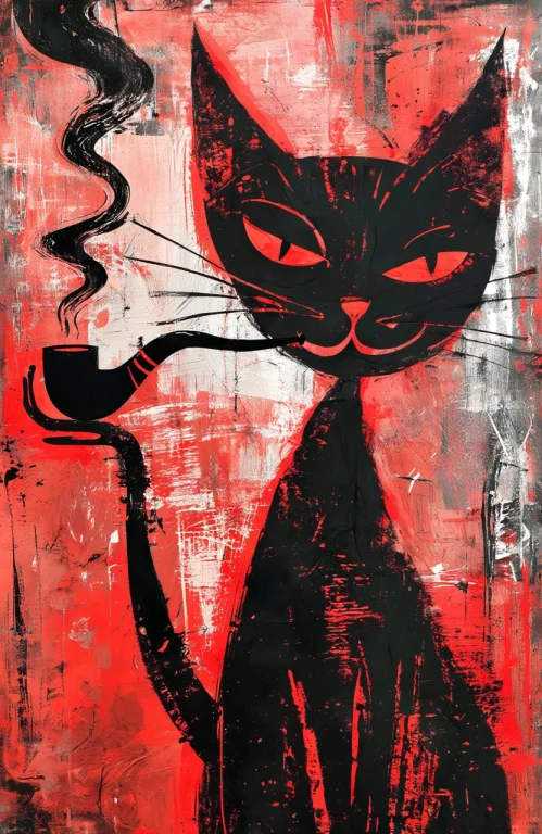 Red And Black Abstract Artwork A Cat Smoking A Pipe1.05 High...