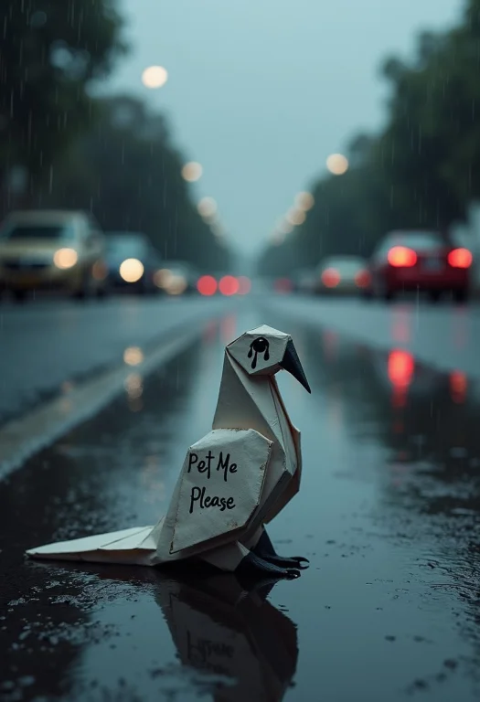 Origami Paper Bird Sitting On The Road And Crying, Black Ink...