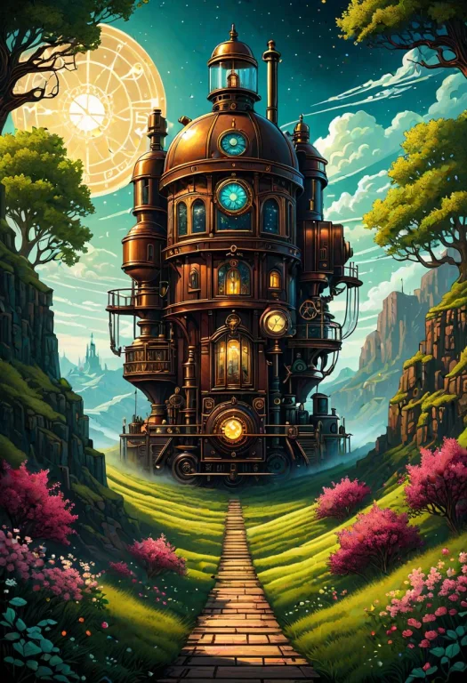 Asciirealistic Illustration, Steampunk Landscape In Spring,...