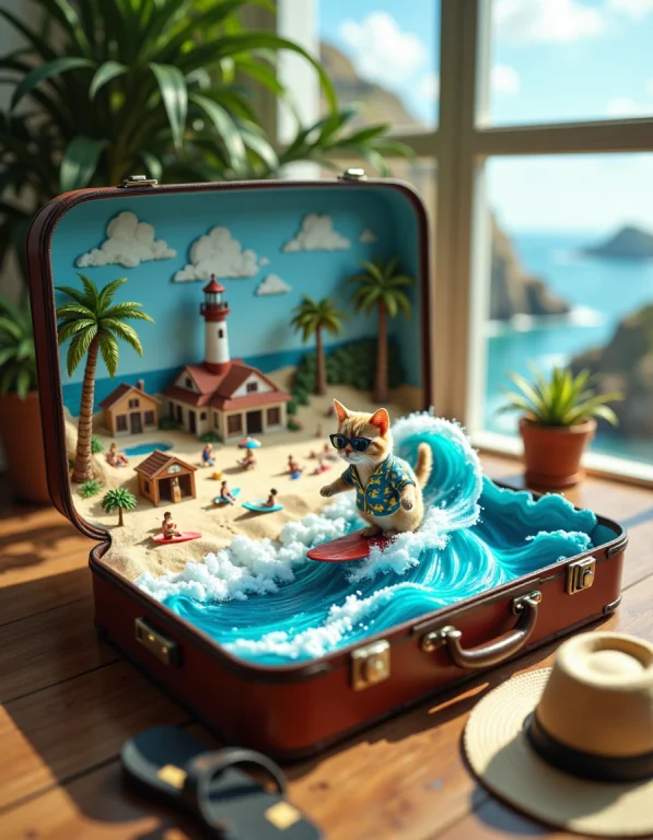 An Open Suitcase Reveals A Miniature Beach Town, Complete Wi...