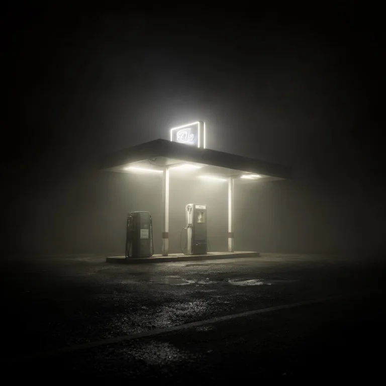 A Photorealistic Liminal Space Of A Vintage Gas Station Isol...