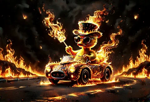 Duck Marshmallow in Flames Prompt — SDXL AI Prompt: Detailed 3D, duck made of marshmallow, entirely cover of swirling flames, body e...