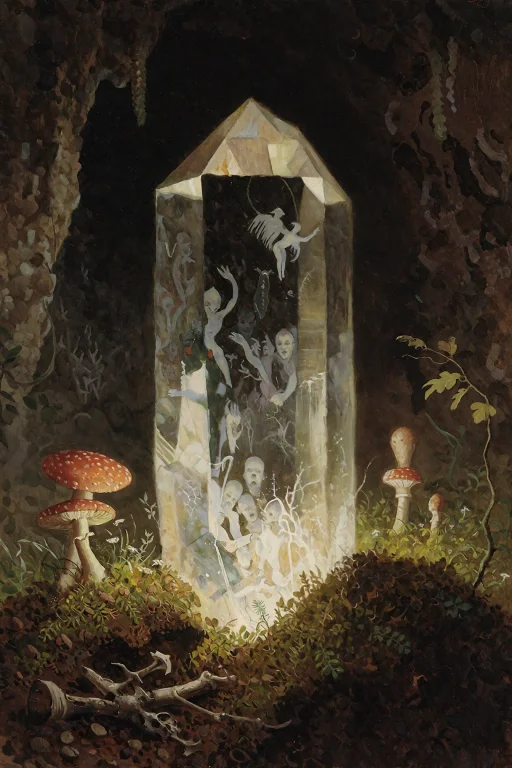 A Quartz Crystal In The Cave, Filled With Moss, Glowing Mush...