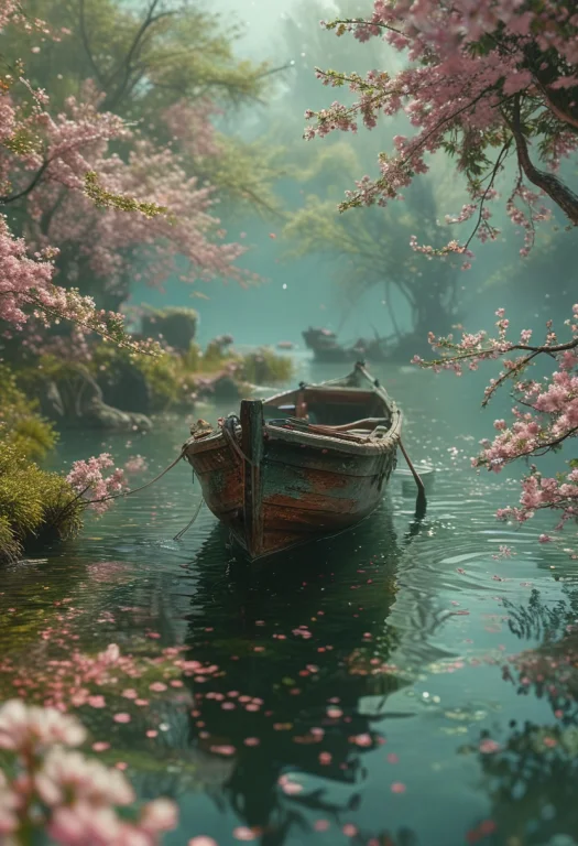 A Boat In The Middle Of The Cherry Blossoms,in The Style Of...