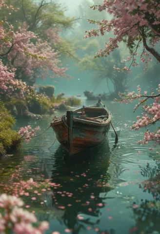 A Boat In The Middle Of The Cherry Blossoms,in The Style Of... — SDXL AI Prompt: a boat in the middle of the cherry blossoms,in the style of lush scenery,fairyco...