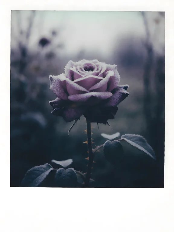The Image Features A Single Rose, Its Petals Dusted With Fro...