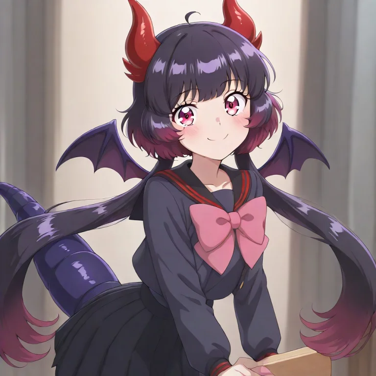 Akaishixd, 1girl, Black Hair, School Uniform, Red Eyes, Long...