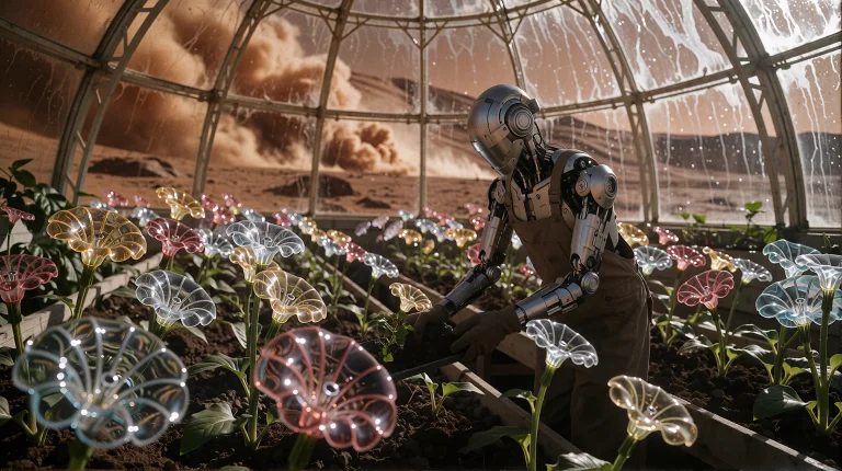 A Cyborg Gardener Tending Rows Of Glass Flowers In A Greenho...