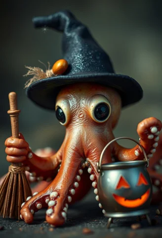 A Charming, Bright-eyed Octopus Sports A Miniature, Pointed... — FLUX AI Prompt: A charming, bright-eyed octopus sports a miniature, pointed witch's hat, its bri...