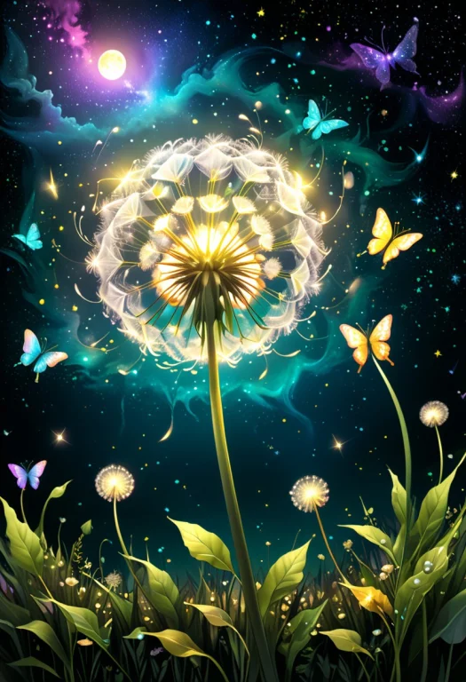 Unique Glowing Magical Dandelion In Botanical Ink Drawing St...