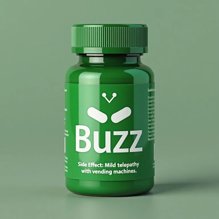 A Green Pill Bottle Titled Buzz Description Underneath Reads...