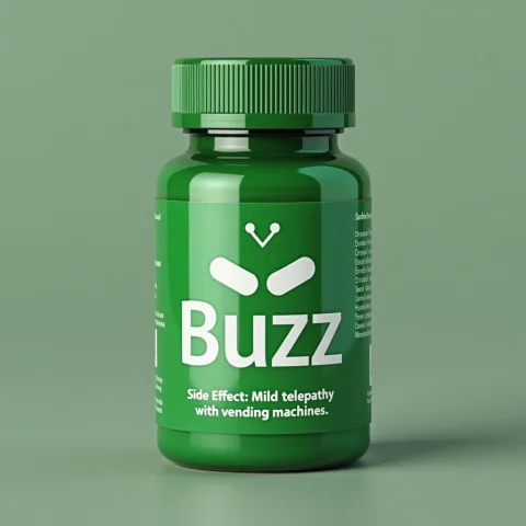 A Green Pill Bottle Titled Buzz Description Underneath Reads... — FLUX AI Prompt: A green pill bottle titled "Buzz™" Description underneath reads – " Side Effect:...