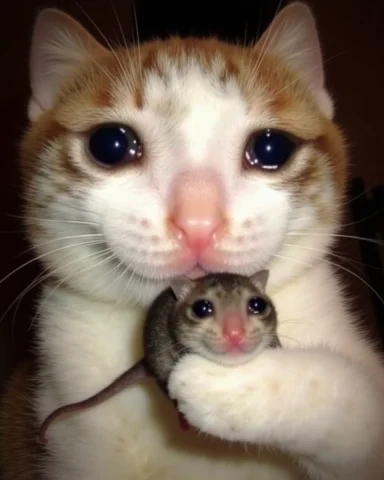 A Close-up Photo Of A Crying Cat, Holding A Crying Mouse In... — FLUX AI Prompt: A close-up photo of a crying cat, Holding a crying mouse in his mouth