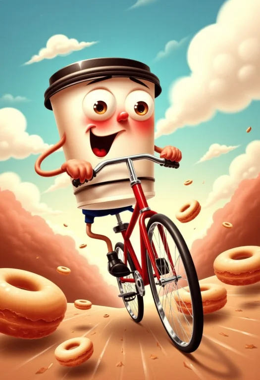 A Playful, Anthropomorphic Coffee Cup With Big Eyes And A Gr...