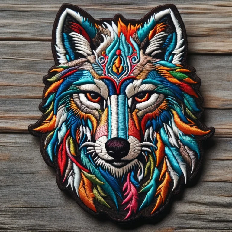 Embroidered Patch Style, A Wolf Head, Stitched Fabric Textur...
