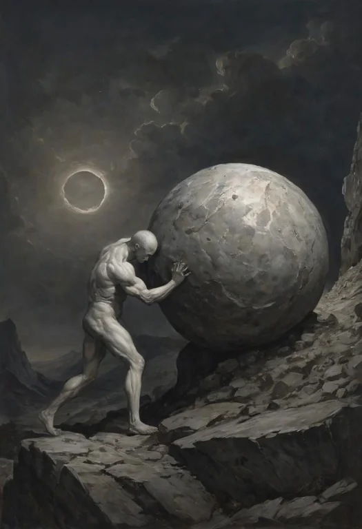 Capture The Modern Casual Essence Of Sisyphus As He Relentle...