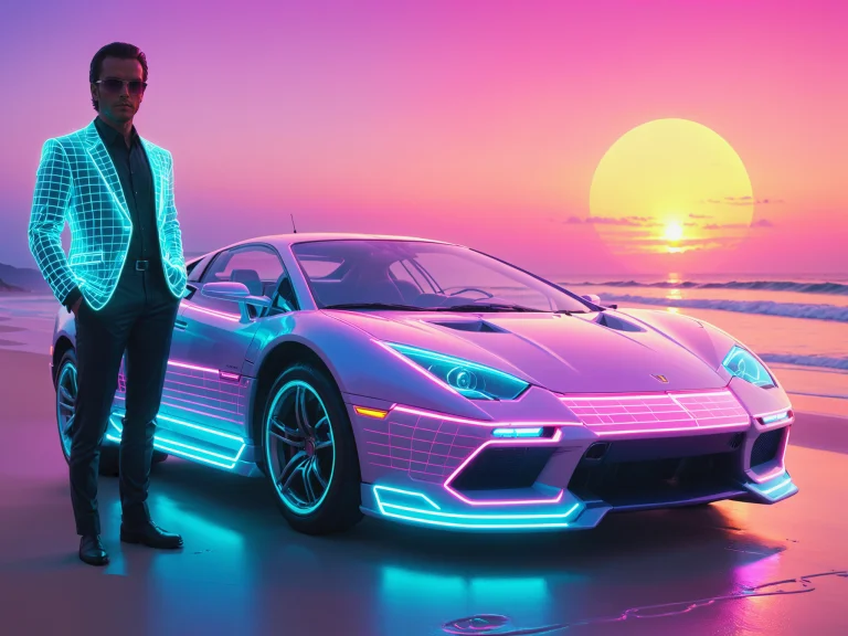 Mad-vprwv Man In Front Of A Sportscar At The Beach, Sun At T...