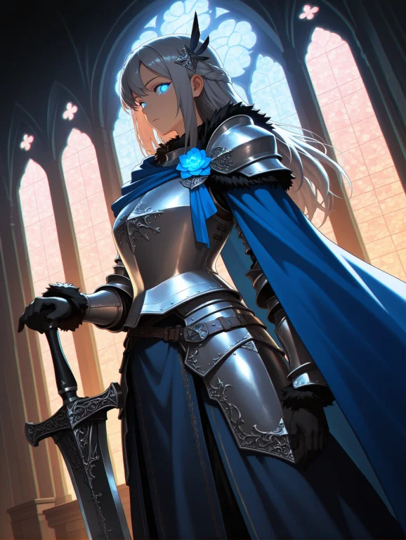 1girl,solo,adult,knight,fantasy, Long Hair,grey Hair,blue Ey...